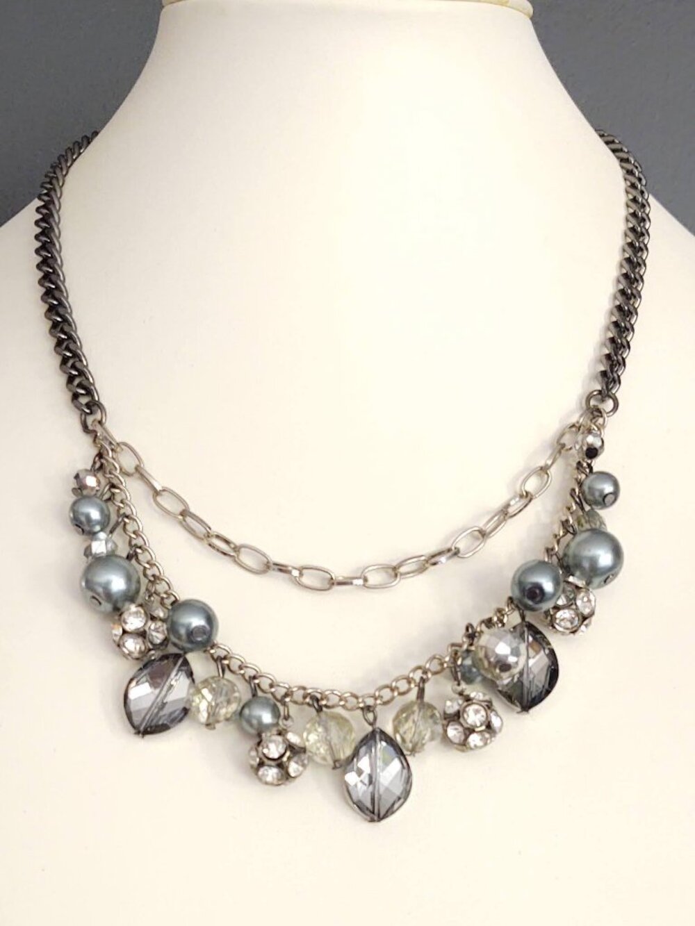 Metallic steel gray beaded necklace with chain, cz's and glass beads